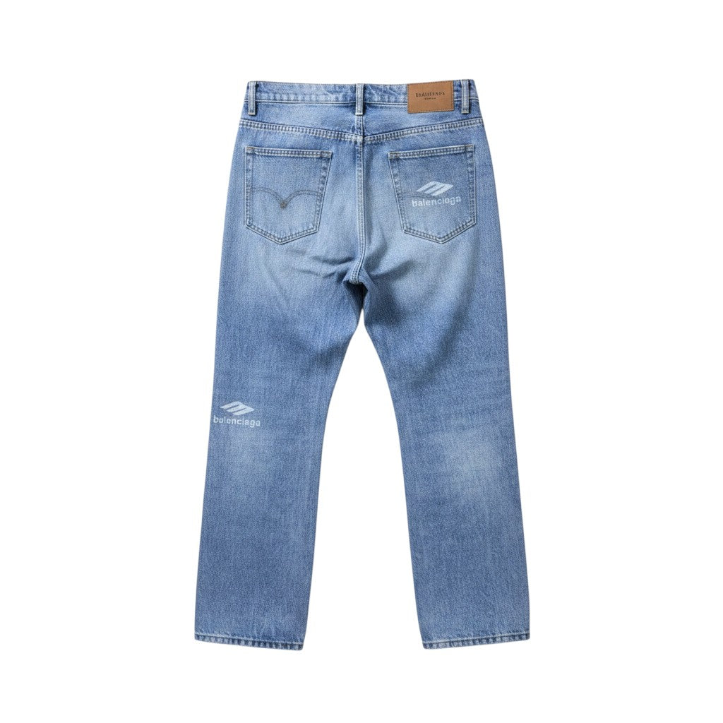 Light Blue Washed Straight-Leg Tonal Logo Embroidered Jeans