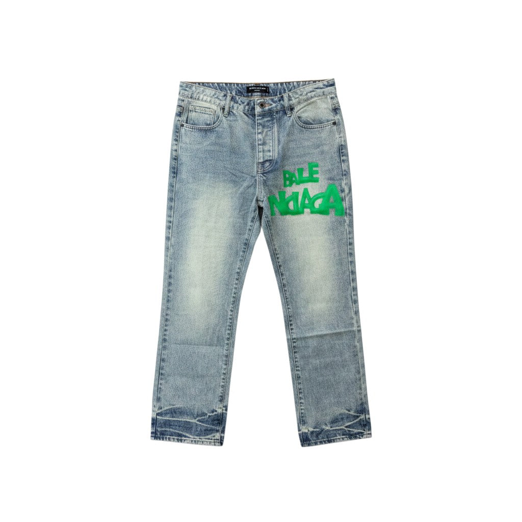 Light Blue Acid-Washed Straight-Leg Green Graffiti Logo Print Jeans