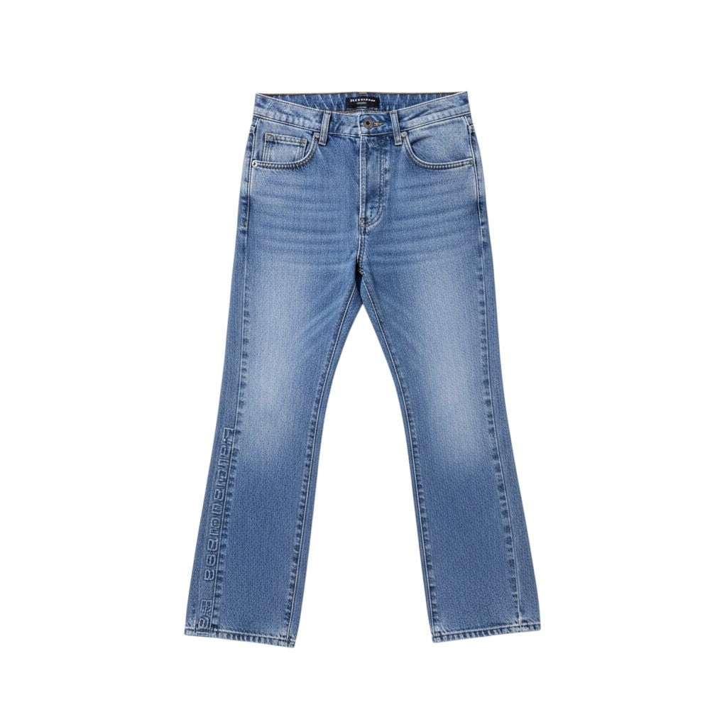 Medium Blue Washed Flare-Leg Vertical Side Logo Embroidered Jeans