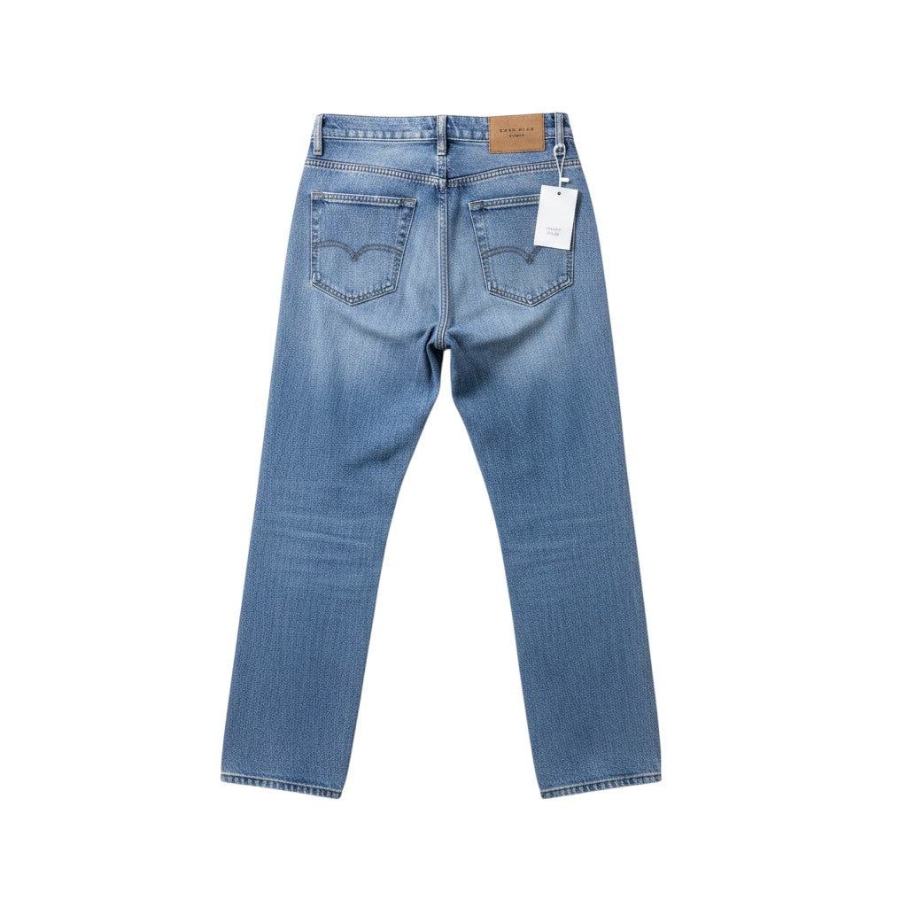 Medium Blue Washed Flare-Leg Vertical Side Logo Embroidered Jeans