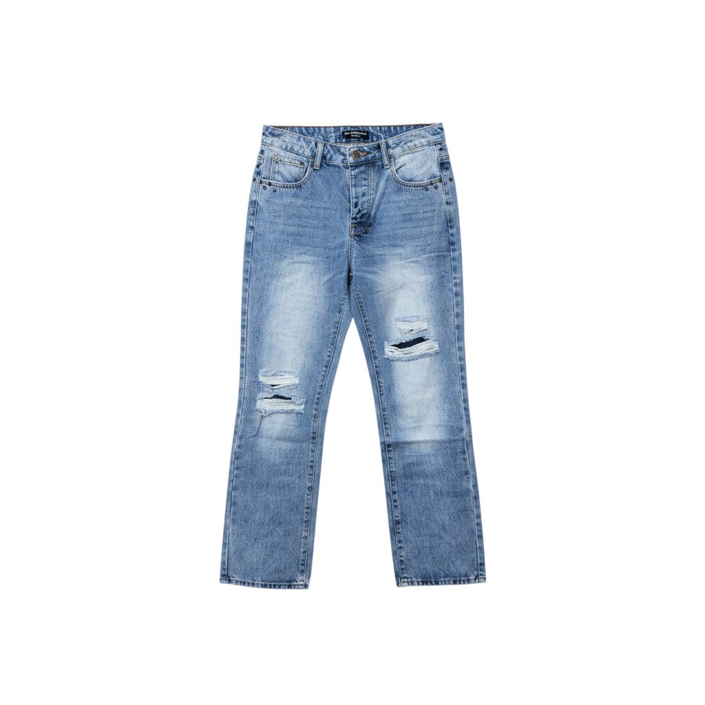 Light Blue Washed Straight-Leg Distressed Dual Knee Rip Monogram Jeans
