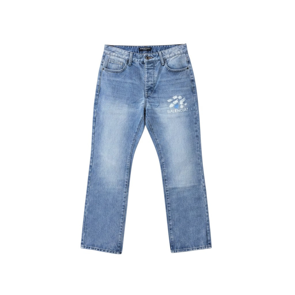 Light Blue Washed Flare-Leg Paint Splash Logo Print Monogram Jeans