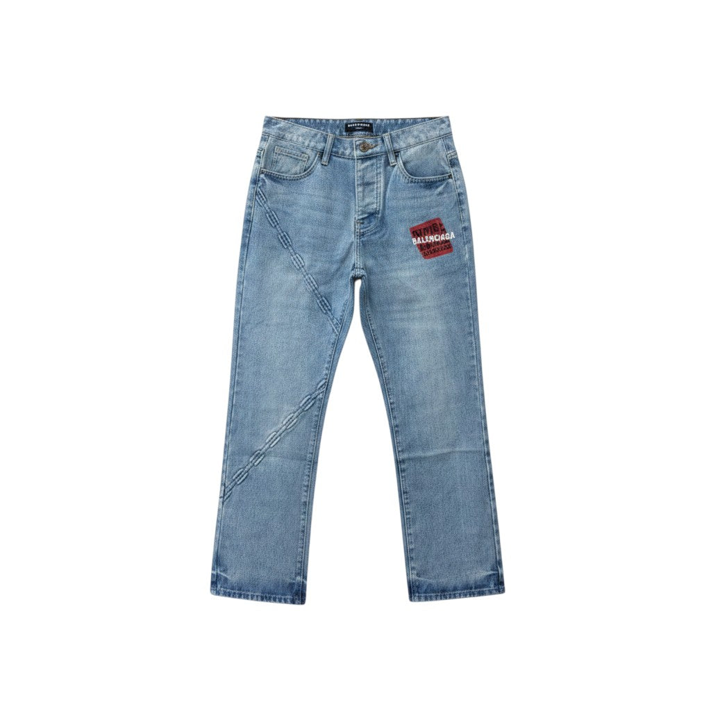Light Blue Washed Flare-Leg Diagonal Stitch Panel Red Logo Patch Jeans