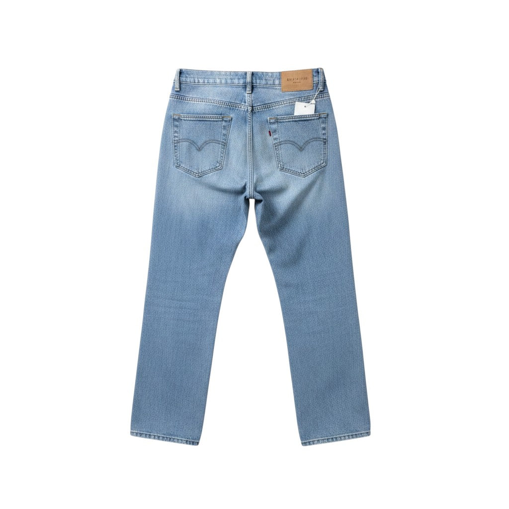 Light Blue Washed Flare-Leg Diagonal Stitch Panel Red Logo Patch Jeans