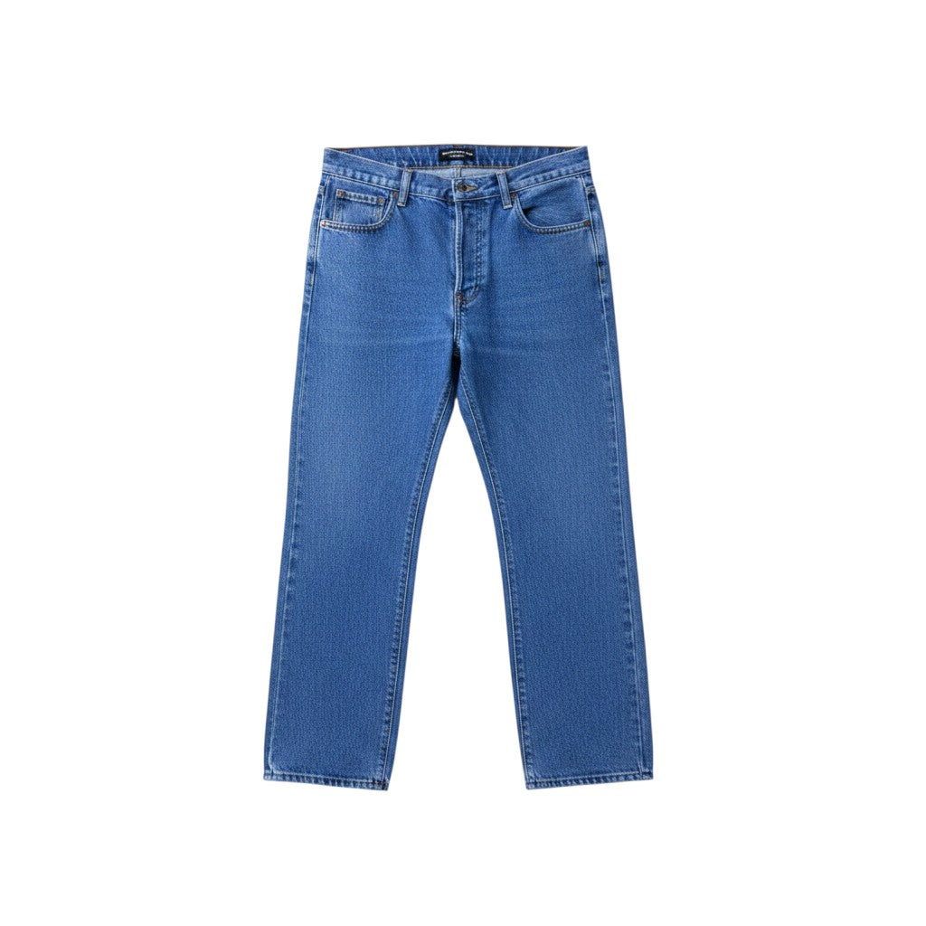 Medium Blue Washed Straight-Leg 'Saying Right' Gothic Script Embroidered Jeans