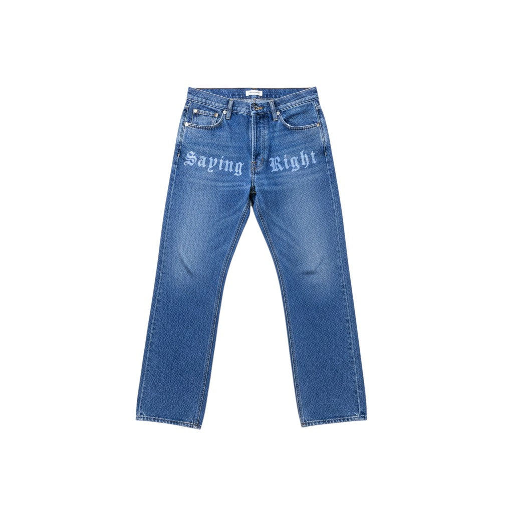 Medium Blue Washed Straight-Leg 'Saying Right' Gothic Script Embroidered Jeans