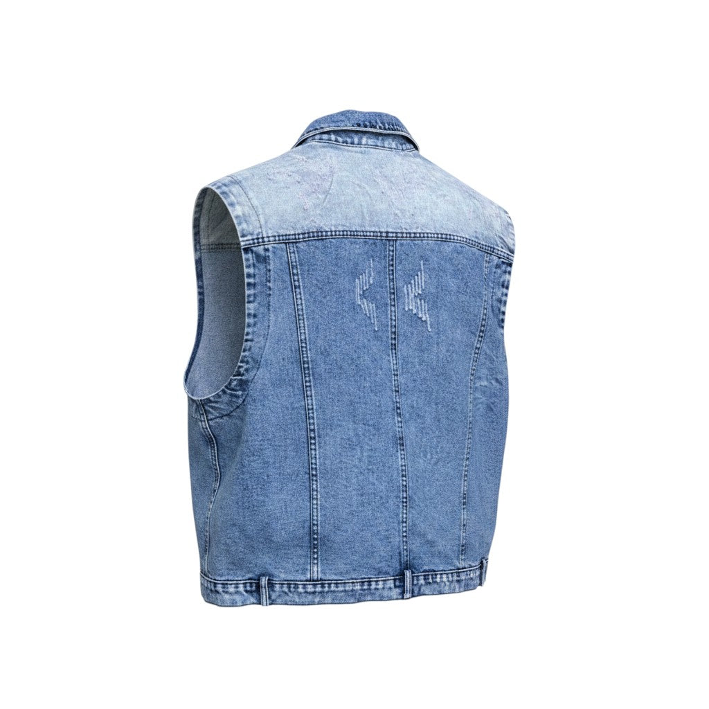 Light Blue Acid-Washed Distressed Denim Vest