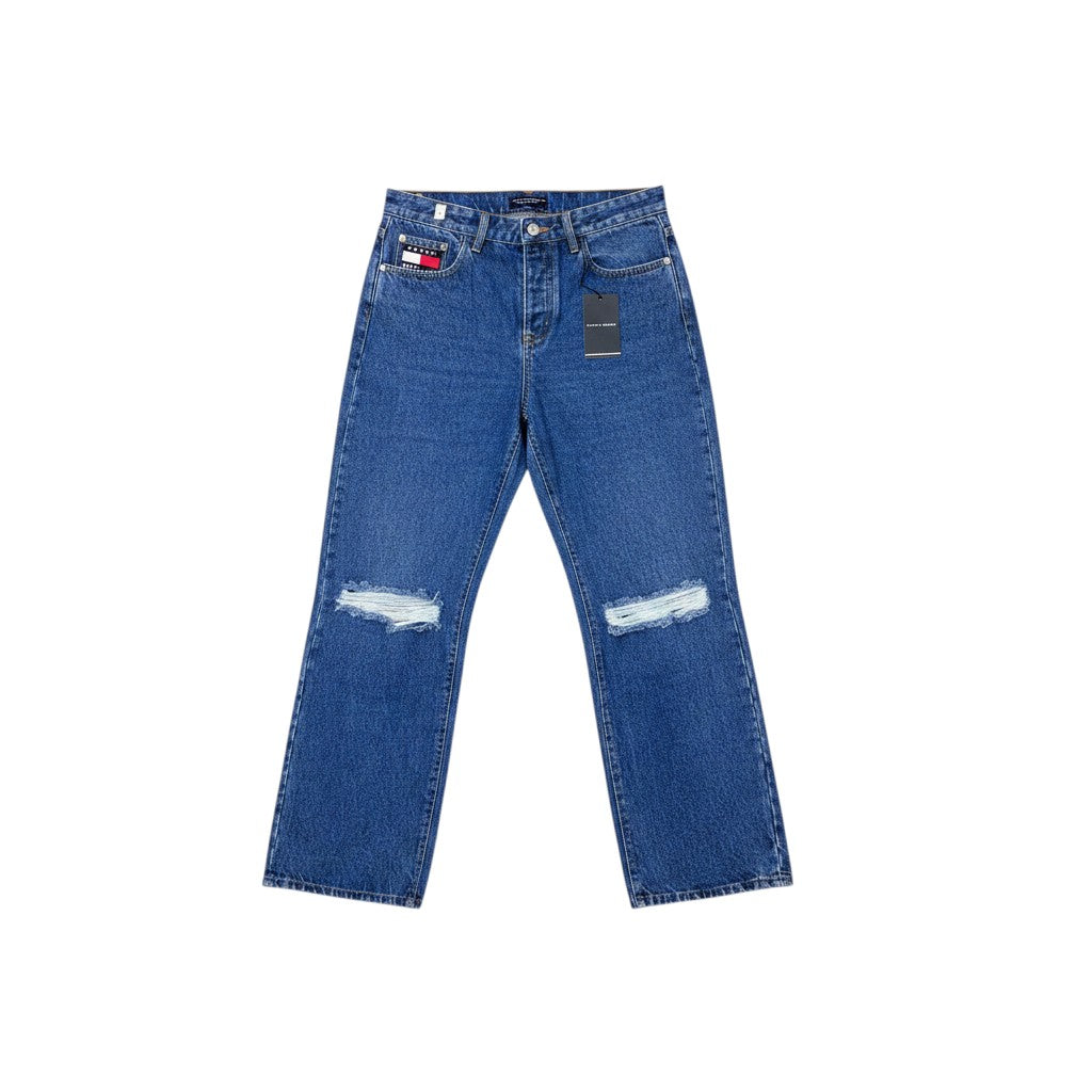 Medium Blue Washed Straight-Leg Distressed Dual Knee Rip Badge Pocket Jeans