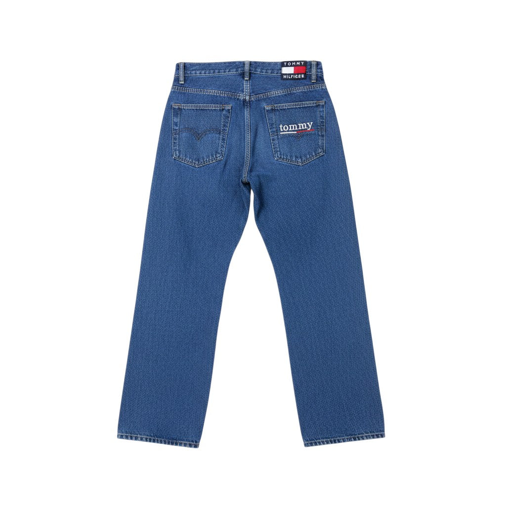 Medium Blue Washed Straight-Leg Distressed Dual Knee Rip Badge Pocket Jeans
