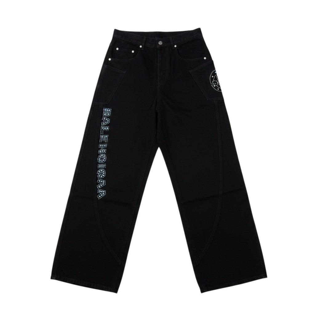 Black Wide-Leg Rhinestone Vertical Text & Circle Motif Denim Jeans