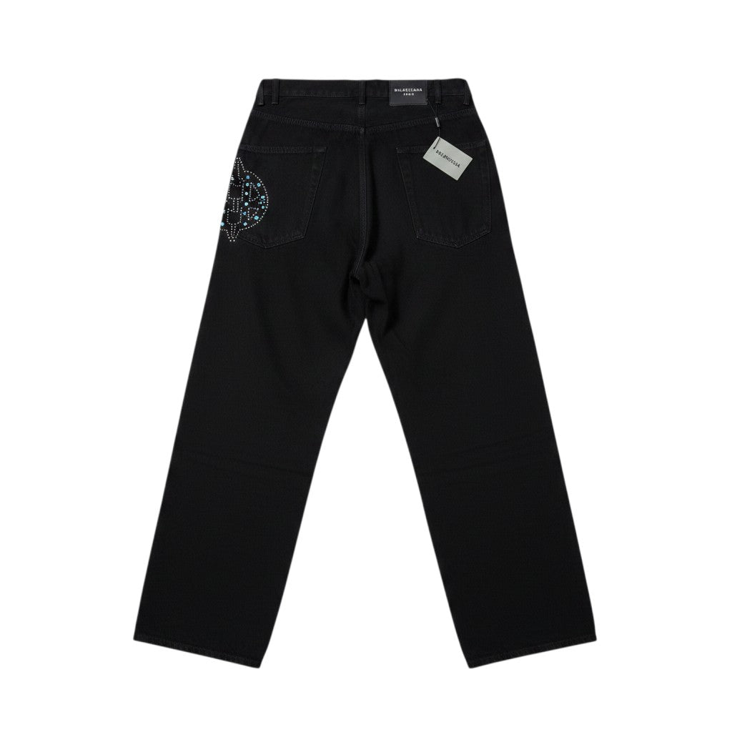 Black Wide-Leg Rhinestone Vertical Text & Circle Motif Denim Jeans