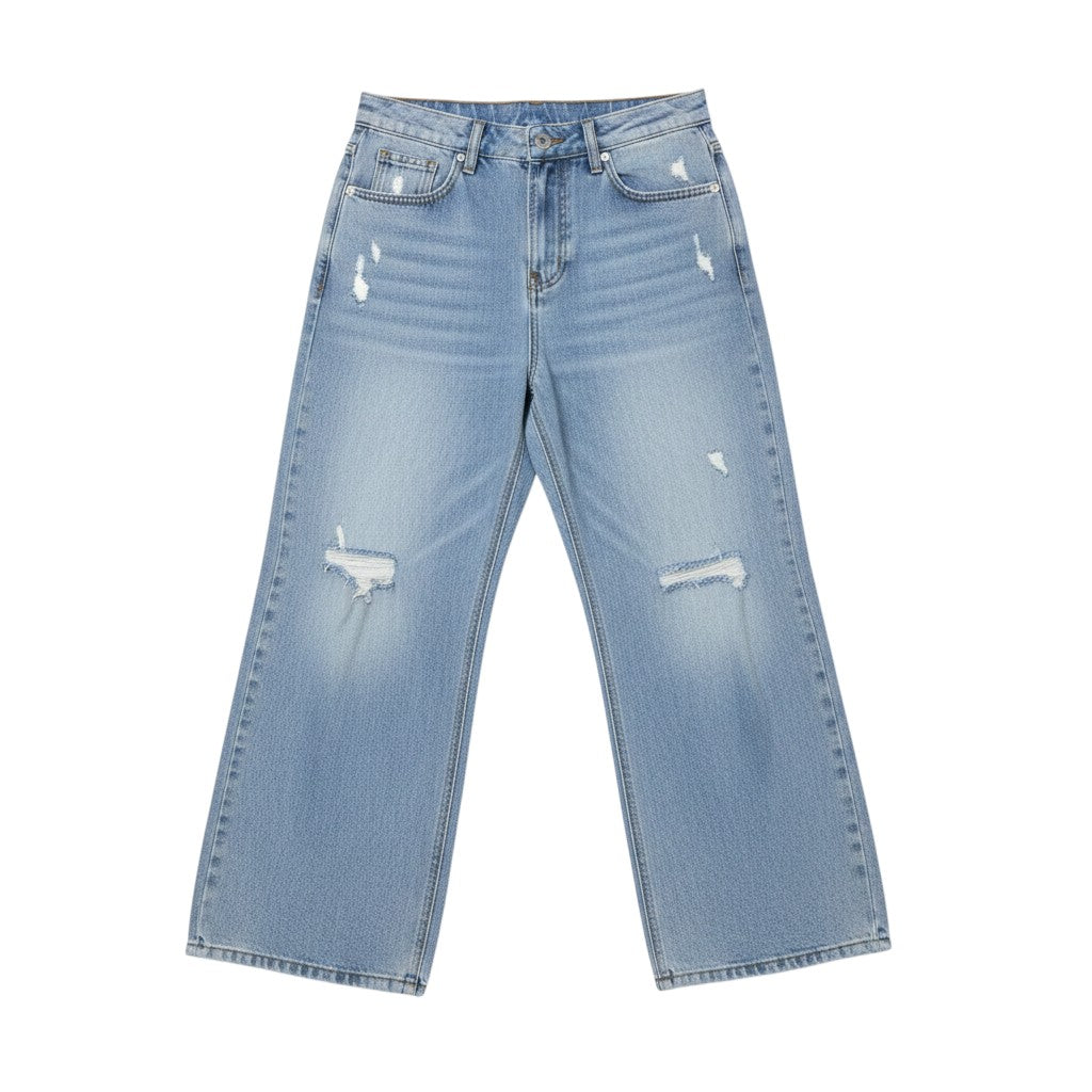Light Blue Washed Wide-Leg Heavily Distressed Multi-Rip Two-Tone Jeans