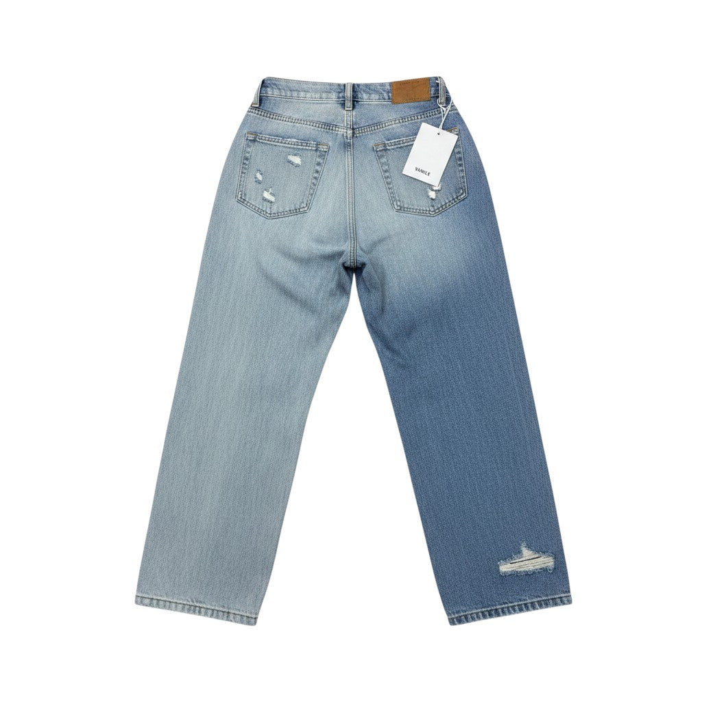 Light Blue Washed Wide-Leg Heavily Distressed Multi-Rip Two-Tone Jeans