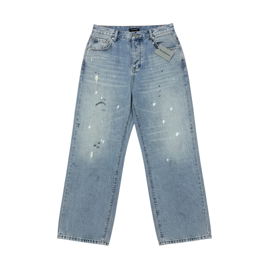 Light Blue Washed Wide-Leg Paint Splatter Distressed Sad Face Graphic Jeans