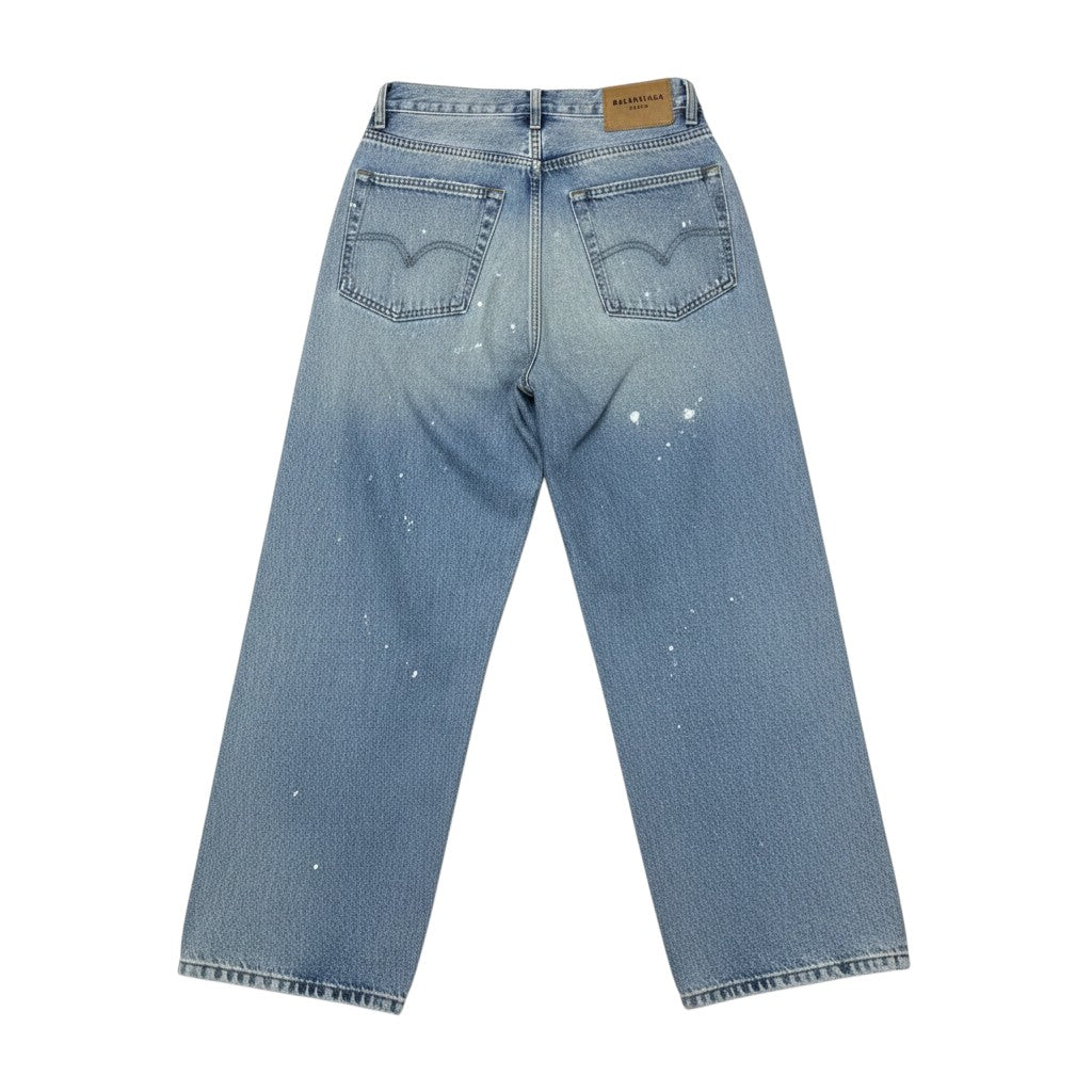 Light Blue Washed Wide-Leg Paint Splatter Distressed Sad Face Graphic Jeans