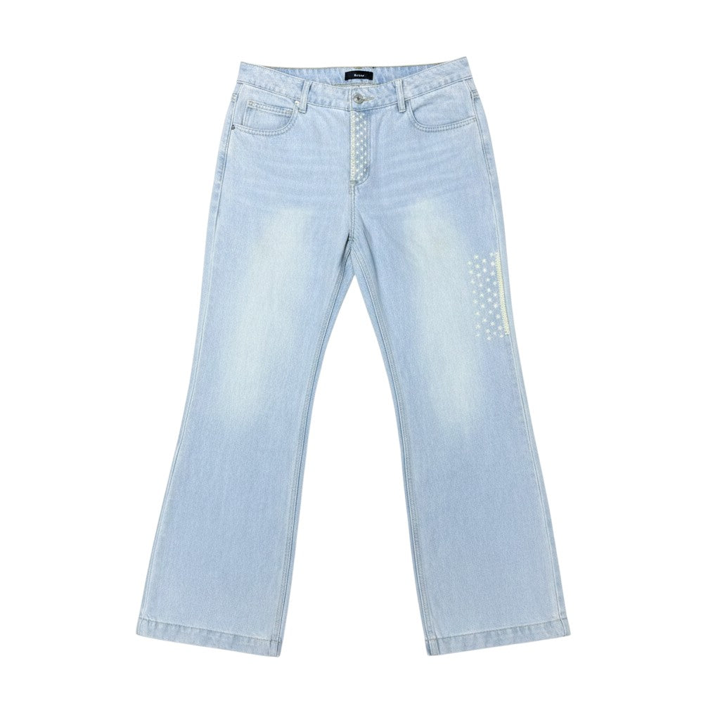 Ice Blue Washed Flare-Leg Pearl & Rhinestone Stud Detail Jeans
