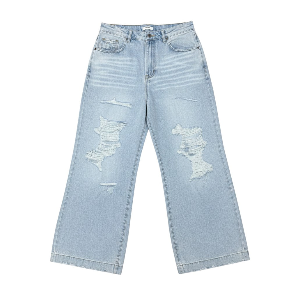 Light Blue Washed Ultra-Wide-Leg Heavily Distressed Shredded Knee Rip Jeans