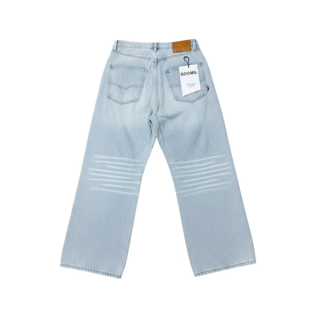 Light Blue Washed Ultra-Wide-Leg Heavily Distressed Shredded Knee Rip Jeans