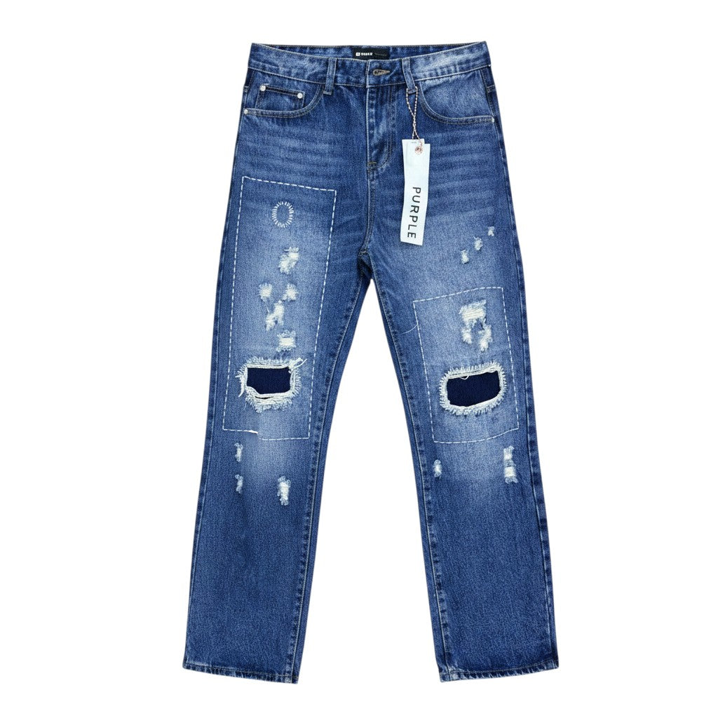 Medium Blue Washed Straight-Leg Heavily Distressed White Contrast Stitch Patch Panel Jeans