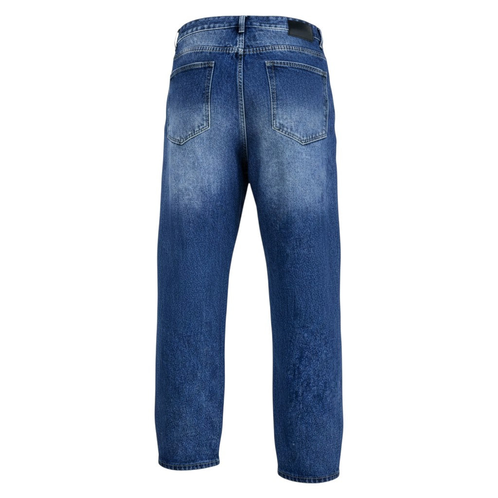 Medium Blue Washed Straight-Leg Heavily Distressed White Contrast Stitch Patch Panel Jeans