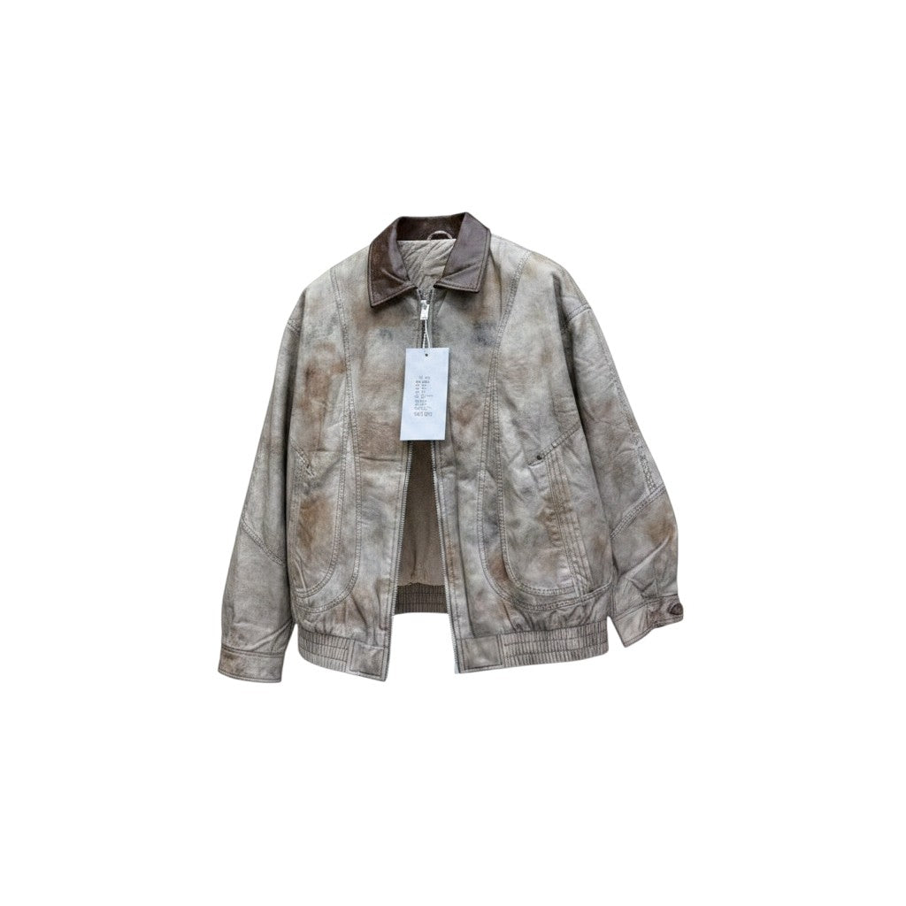 Vintage Washed Distressed Leather Bomber Jacket