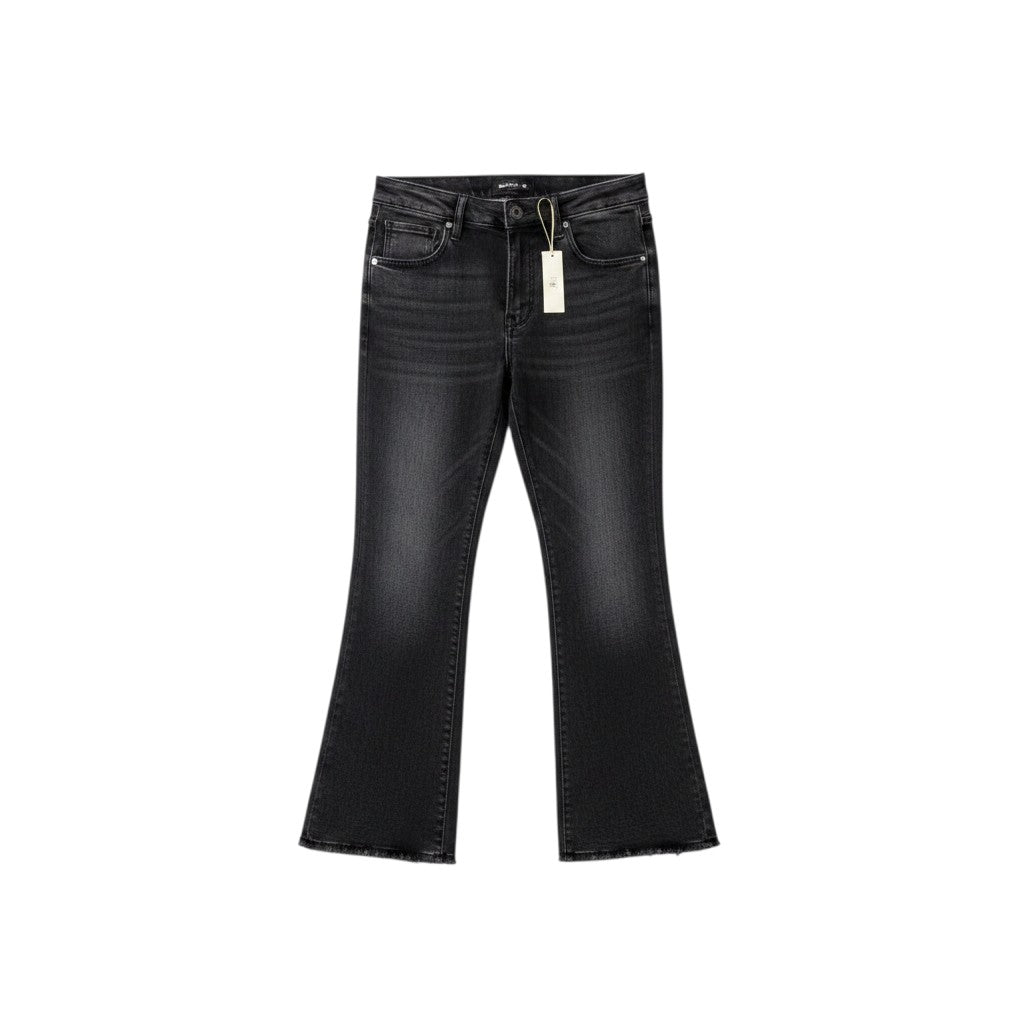 Washed Black Clean Bootcut Flare Cropped Raw Hem Jeans