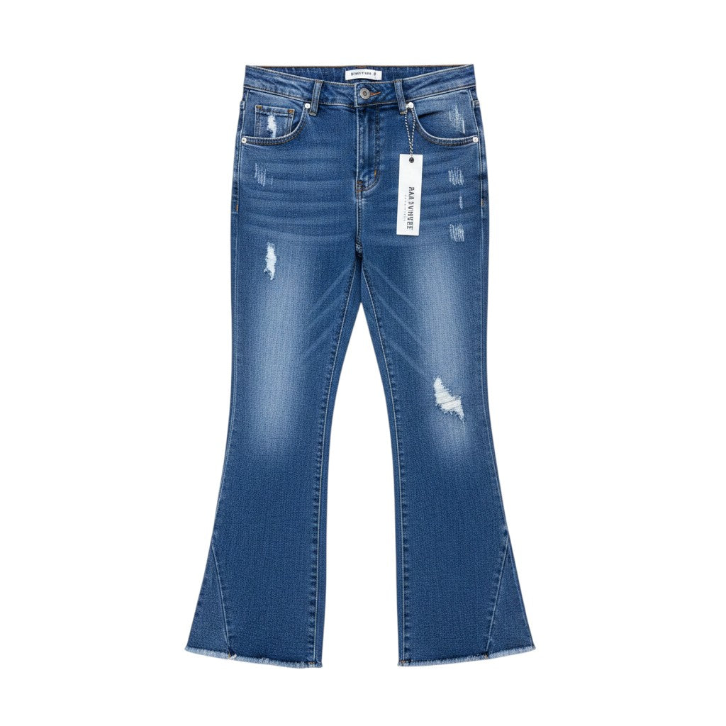 Medium Blue Washed Wide Bootcut Flare Scattered Distress Tear Raw Hem Jeans
