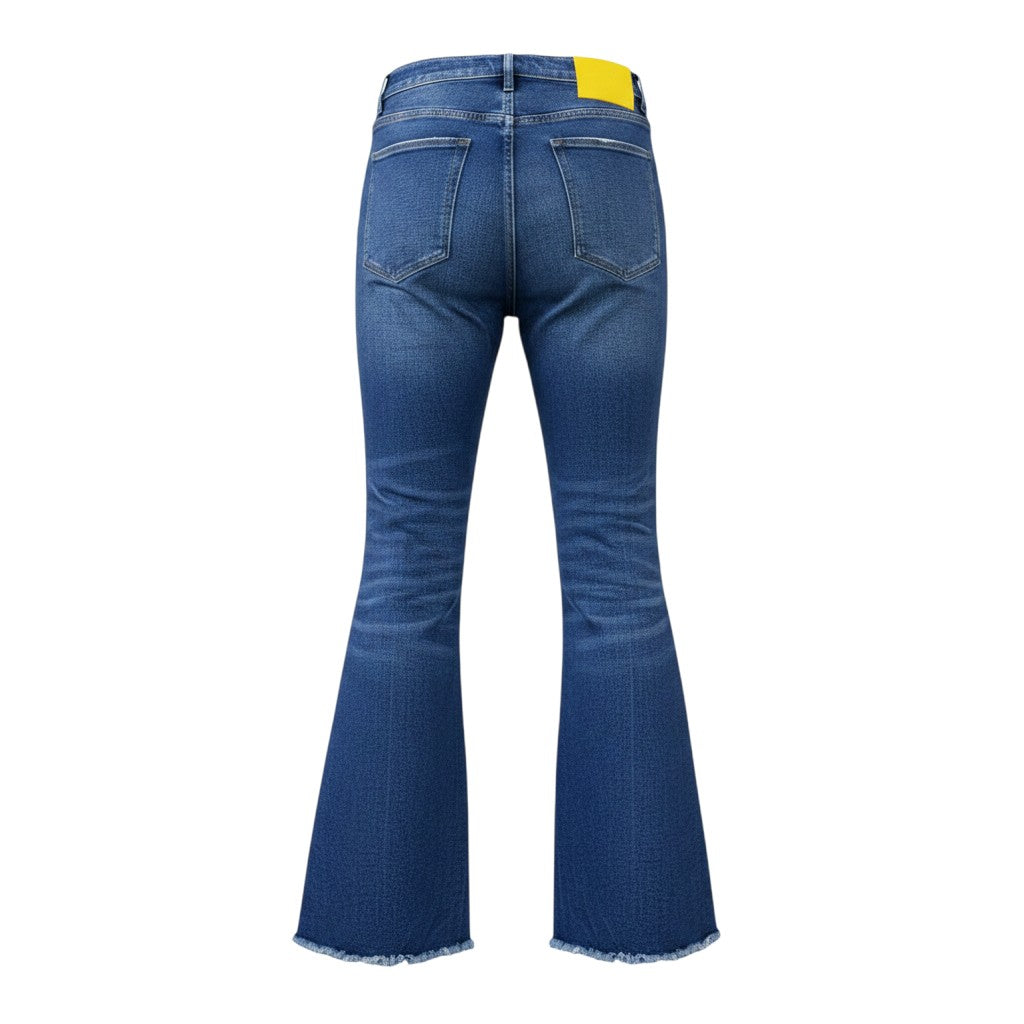Medium Blue Washed Wide Bootcut Flare Scattered Distress Tear Raw Hem Jeans