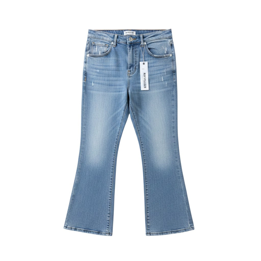 Light Blue Washed Wide Bootcut Flare Cropped Micro-Scratch Distressed Raw Hem Jeans