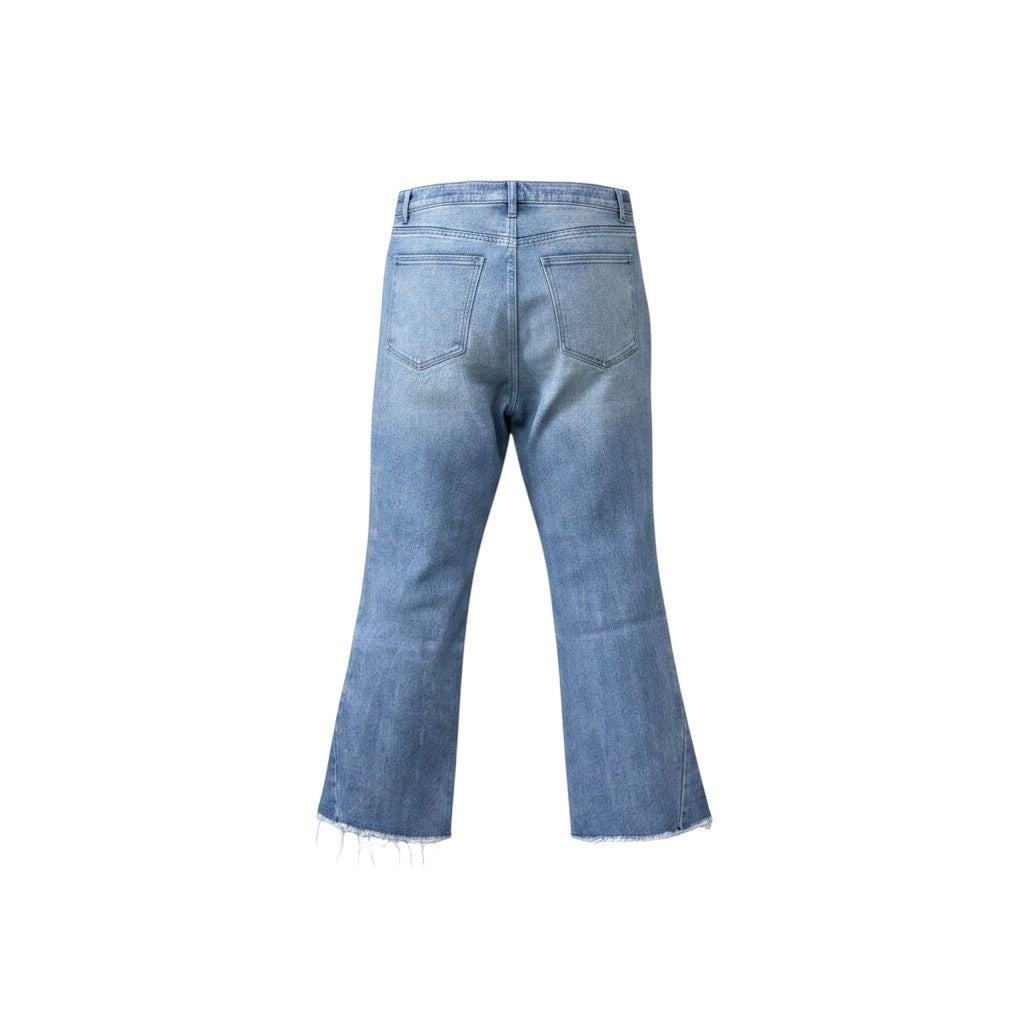 Light Blue Washed Wide Bootcut Flare Cropped Micro-Scratch Distressed Raw Hem Jeans