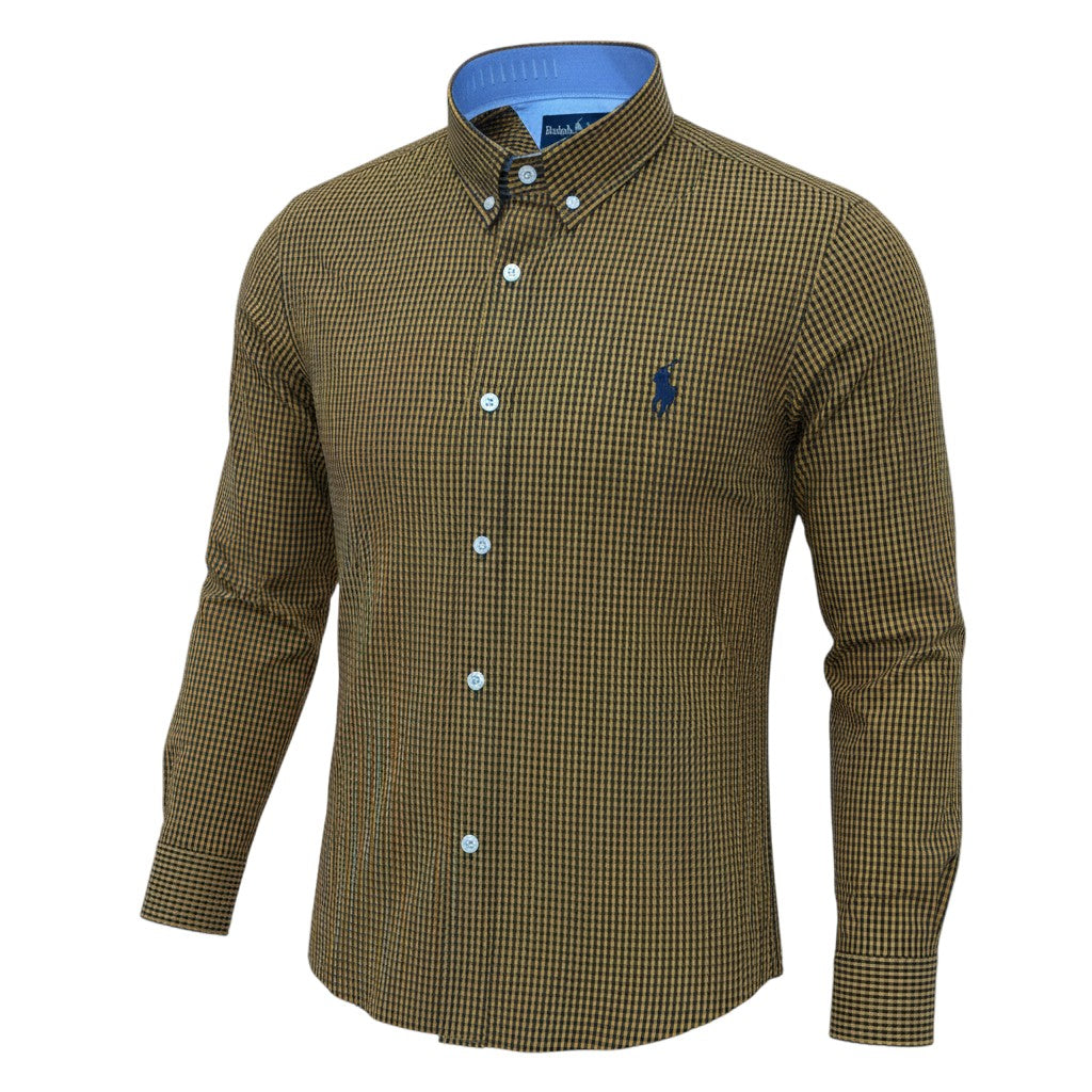 Ralph Polo Long Sleeve Shirt - Olive Brown Micro Check