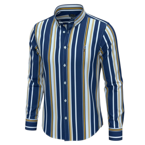 Ralph Polo Long Sleeve Shirt - Navy Blue, White & Gold Stripe
