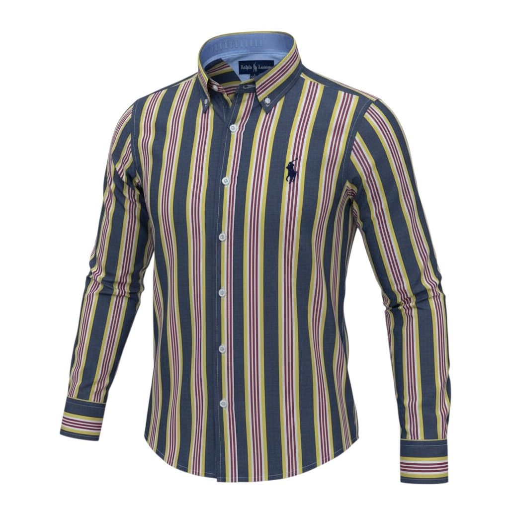 Ralph Polo Long Sleeve Shirt - Grey, Olive, Gold & Burgundy Stripe