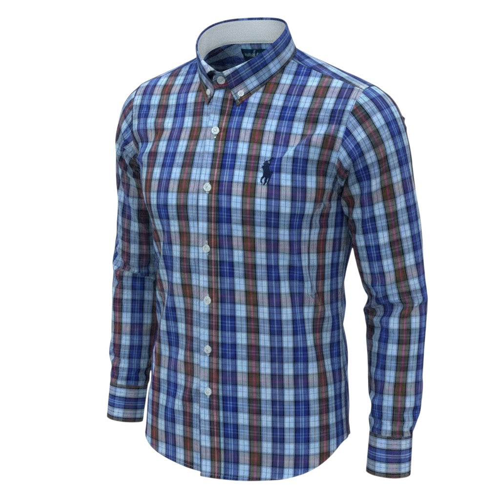 Ralph Polo Long Sleeve Shirt - Blue, Sky Blue & Brown Plaid Check