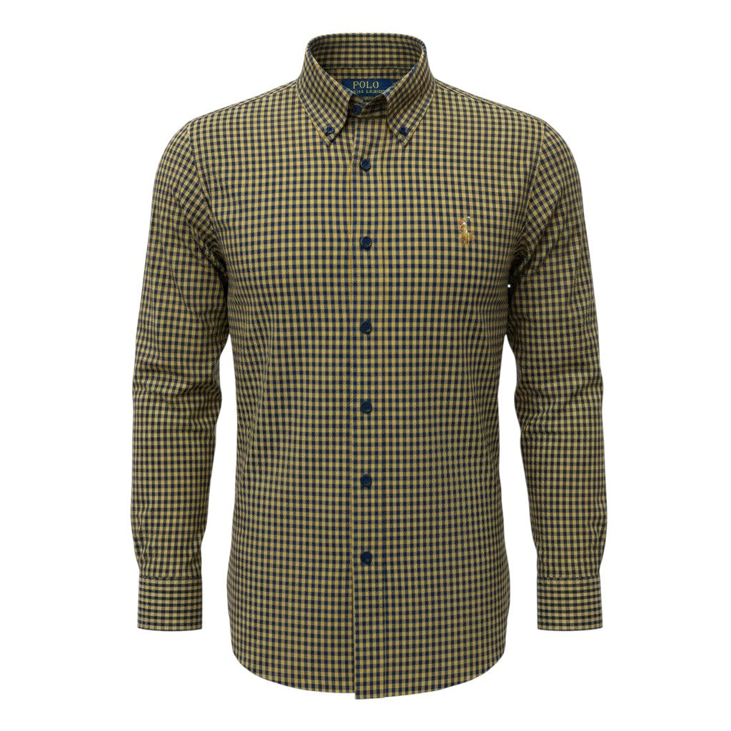 Ralph Polo Long Sleeve Shirt - Olive Yellow & Navy Small Gingham Check