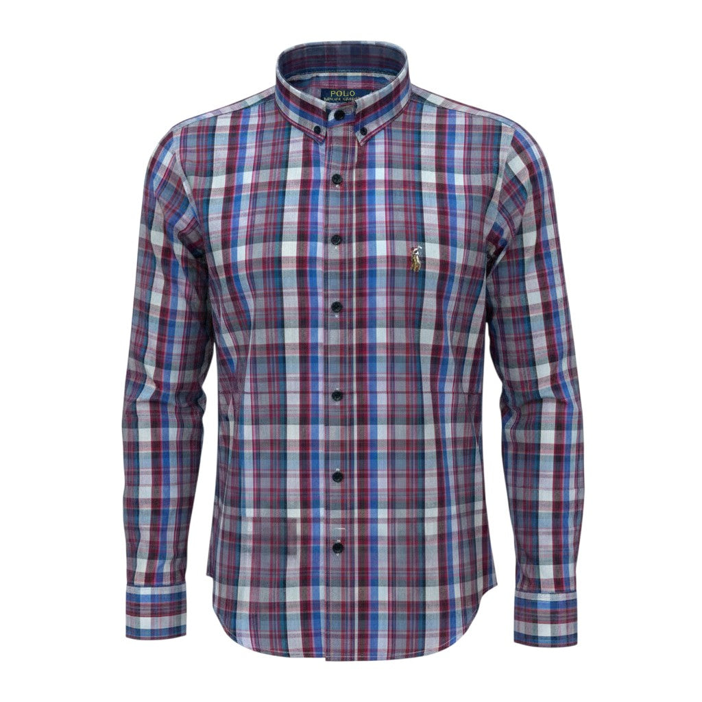 Ralph Polo Long Sleeve Shirt - Burgundy, Blue & White Large Plaid Check