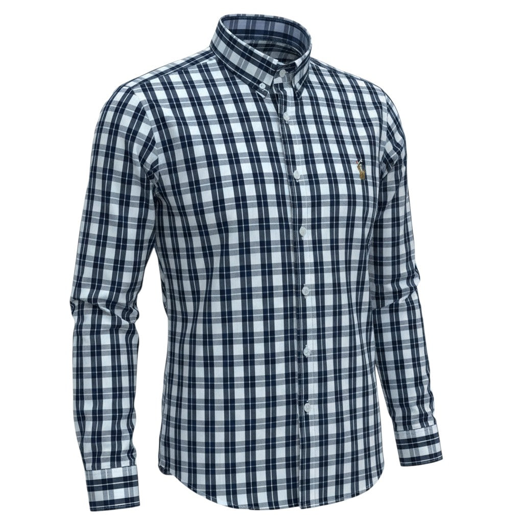 Ralph Polo Long Sleeve Shirt - Navy, Grey & White Large Plaid Check