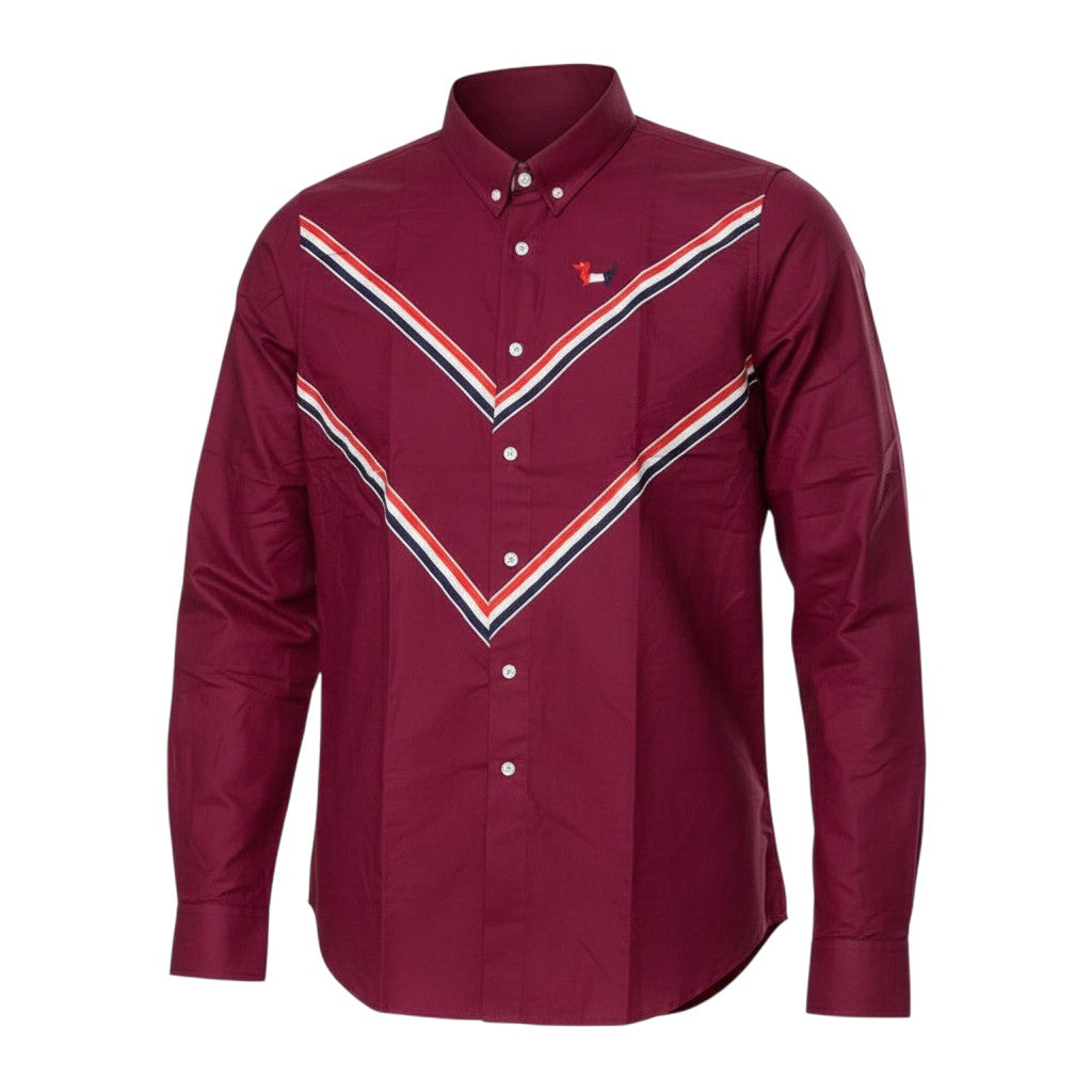 Burgundy Oxford Long-Sleeve Shirt with Chevron Stripe and Embroidered Dog Motif