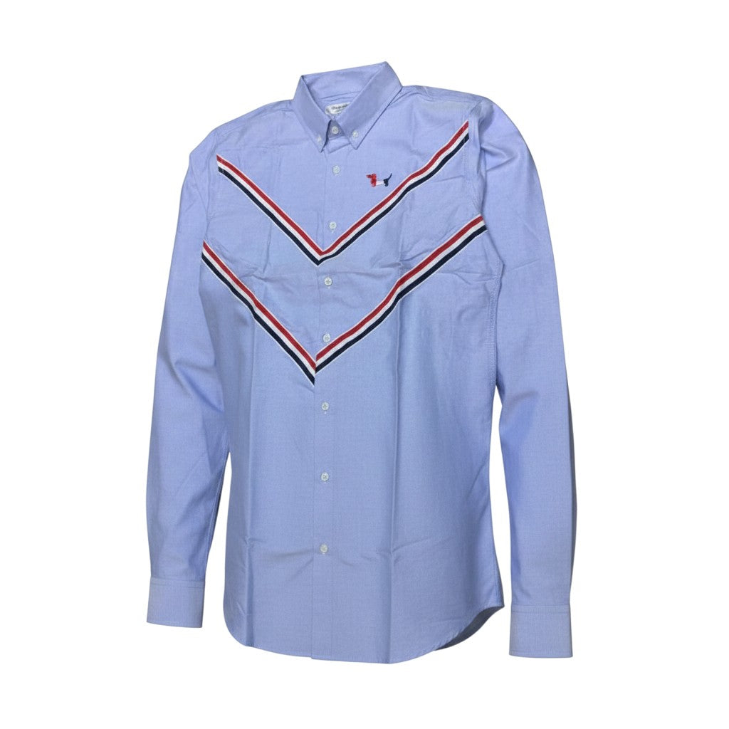 Blue Oxford Long-Sleeve Shirt with Chevron Stripe and Embroidered Dog Motif
