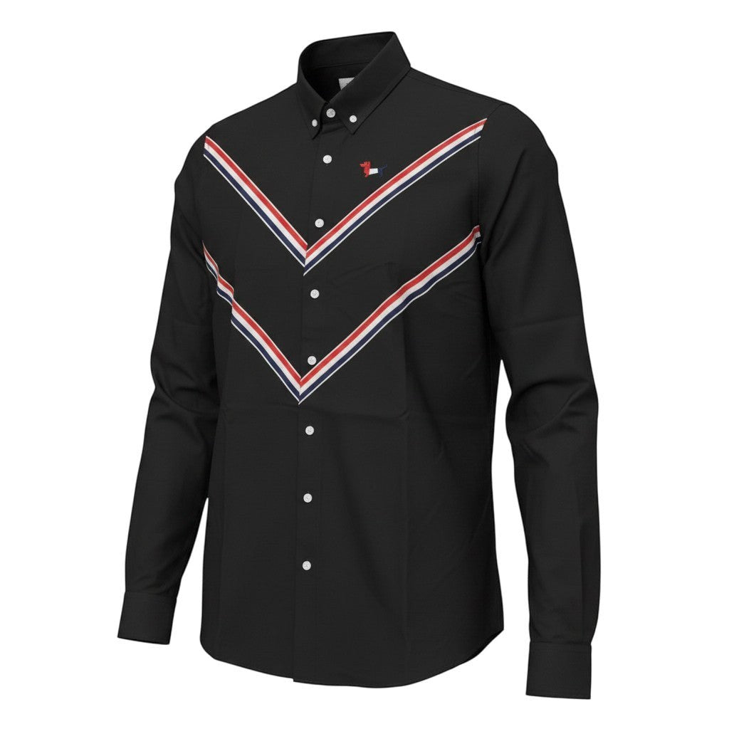 Navy Oxford Long-Sleeve Shirt with Red White Navy Chevron Stripe and Embroidered Dog Motif