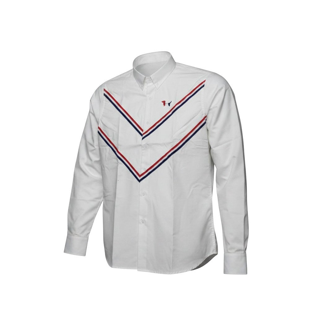 White Oxford Long-Sleeve Shirt with Red White Navy Chevron Stripe and Embroidered Dog Motif