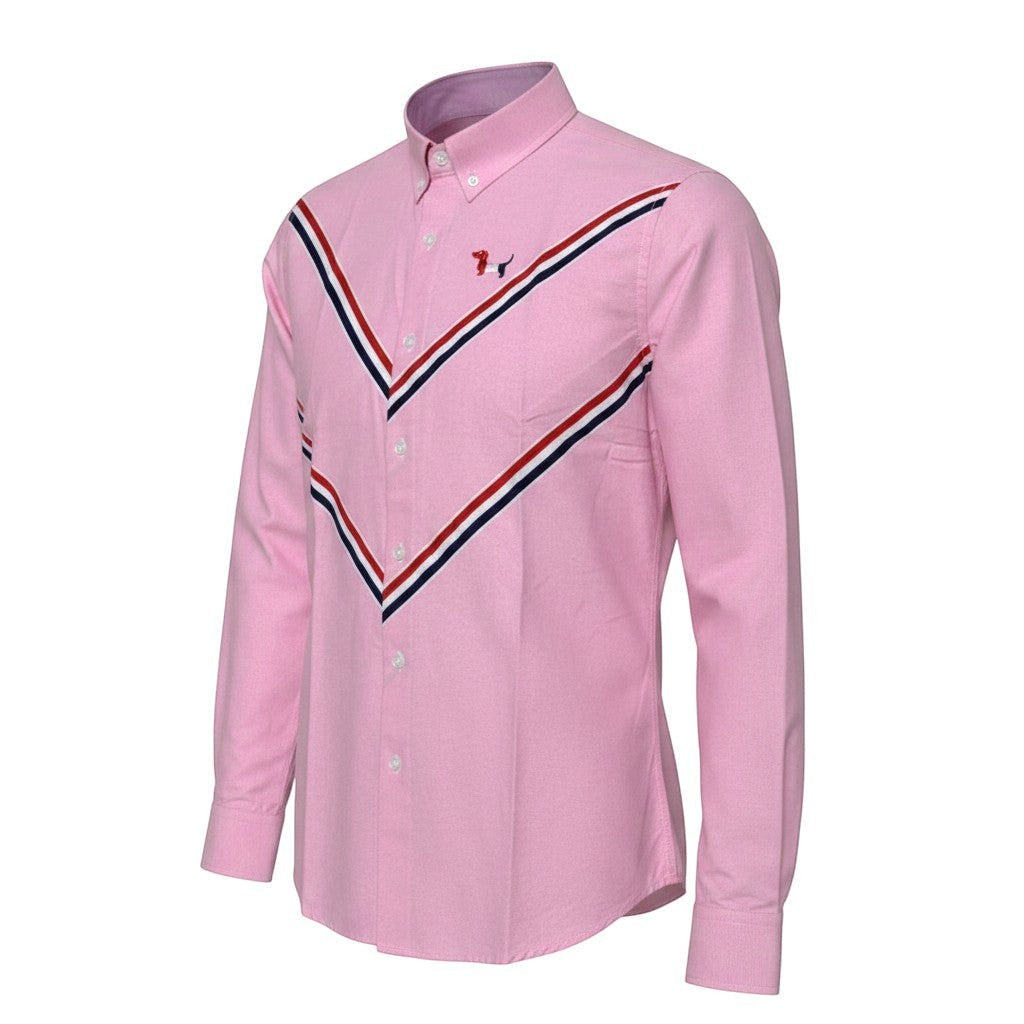 Pink Oxford Long-Sleeve Shirt with Red White Navy Chevron Stripe and Embroidered Dog Motif