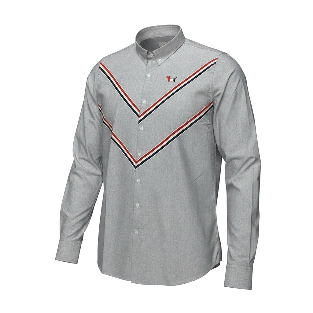 Steel Grey Oxford Long-Sleeve Shirt with Red White Navy Chevron Stripe and Embroidered Dog Motif