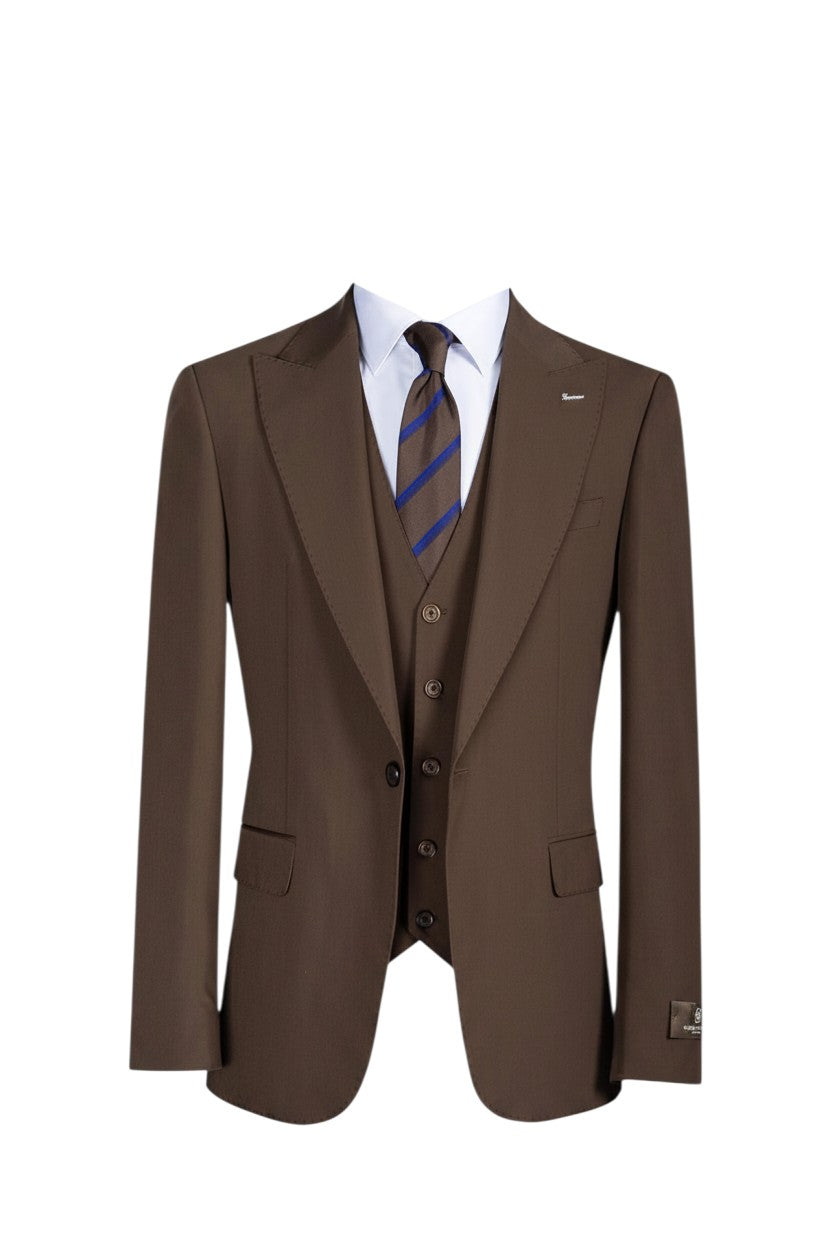 Chocolate Brown 3-Piece Suit -� Structured Waistcoat & Striped Tie