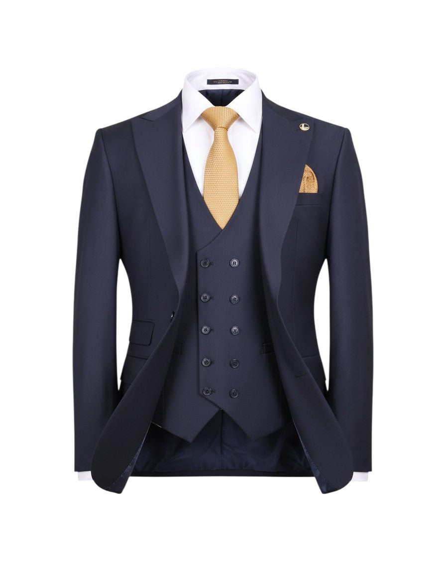 Navy Blue 3-Piece Suit with Gold Tie & Pocket Square