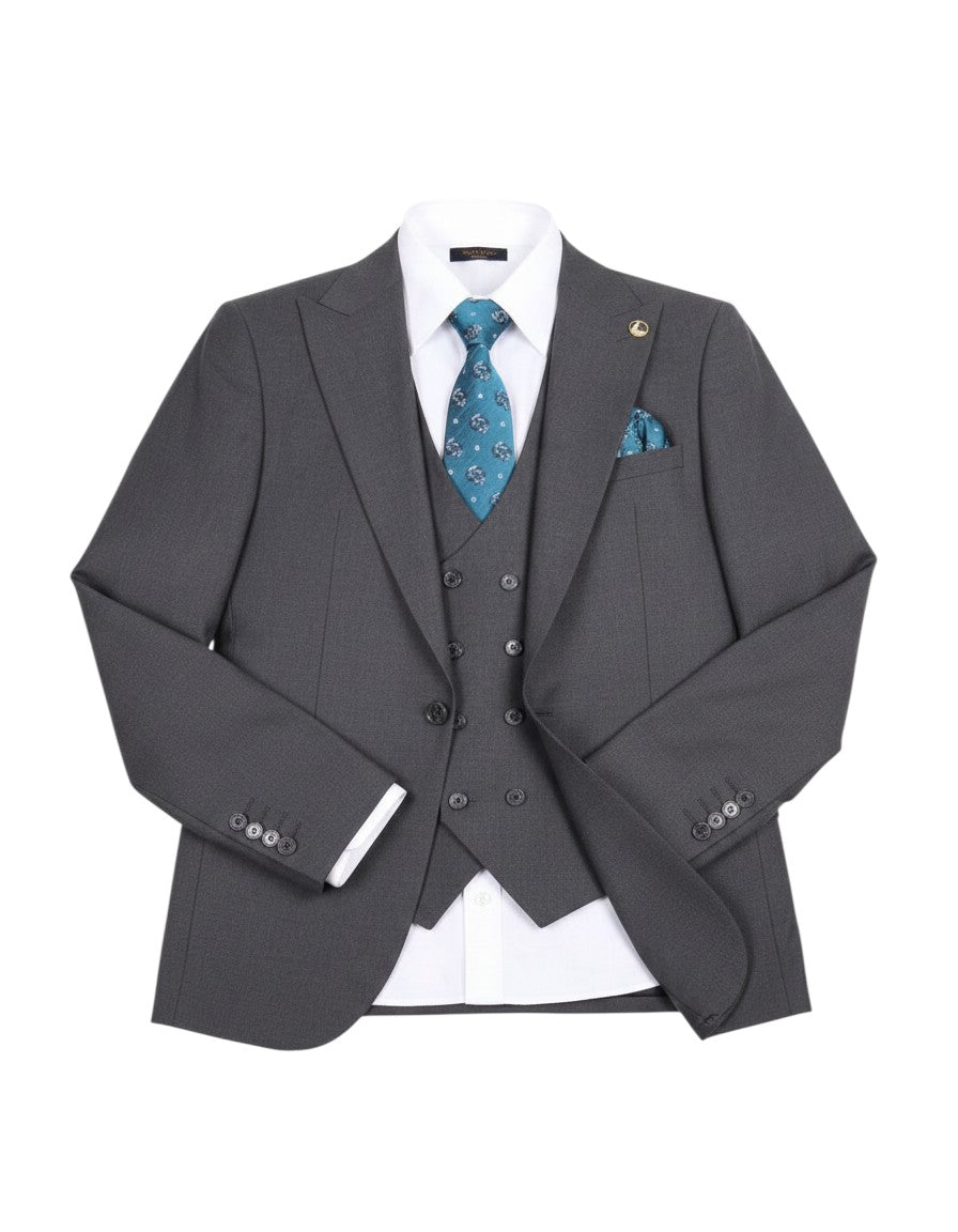 Charcoal Grey 3-Piece Suit with Teal Tie & Pocket Square