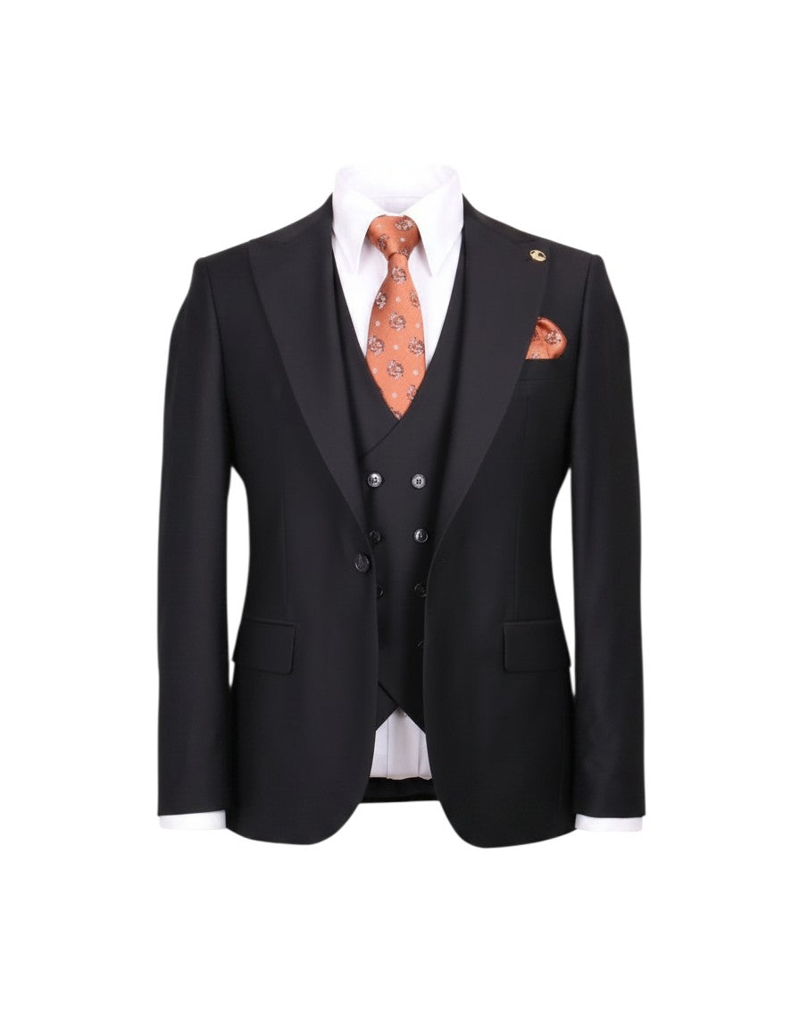 Black 3-Piece Suit with Burnt Orange Tie & Pocket Square