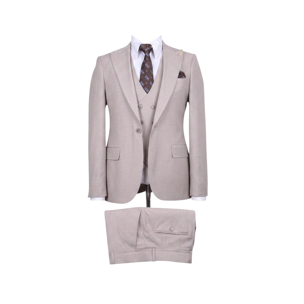 Premium Beige 3-Piece Suit Set with Brown Paisley Tie