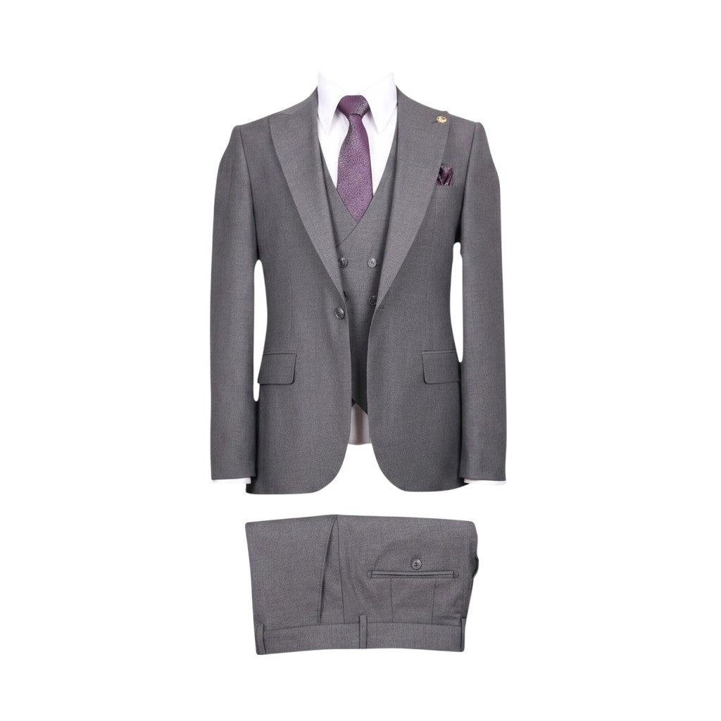 Premium Grey 3-Piece Suit Set with Purple Tie