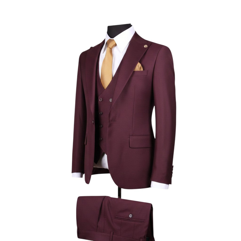 Premium Burgundy 3-Piece Suit Set with Gold Tie